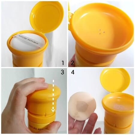 Thiết kế độc đáo và lạ mắt kèm với bông mút, giúp bạn dễ dàng thoa đều lượng kem chống nắng cần thiết lên da